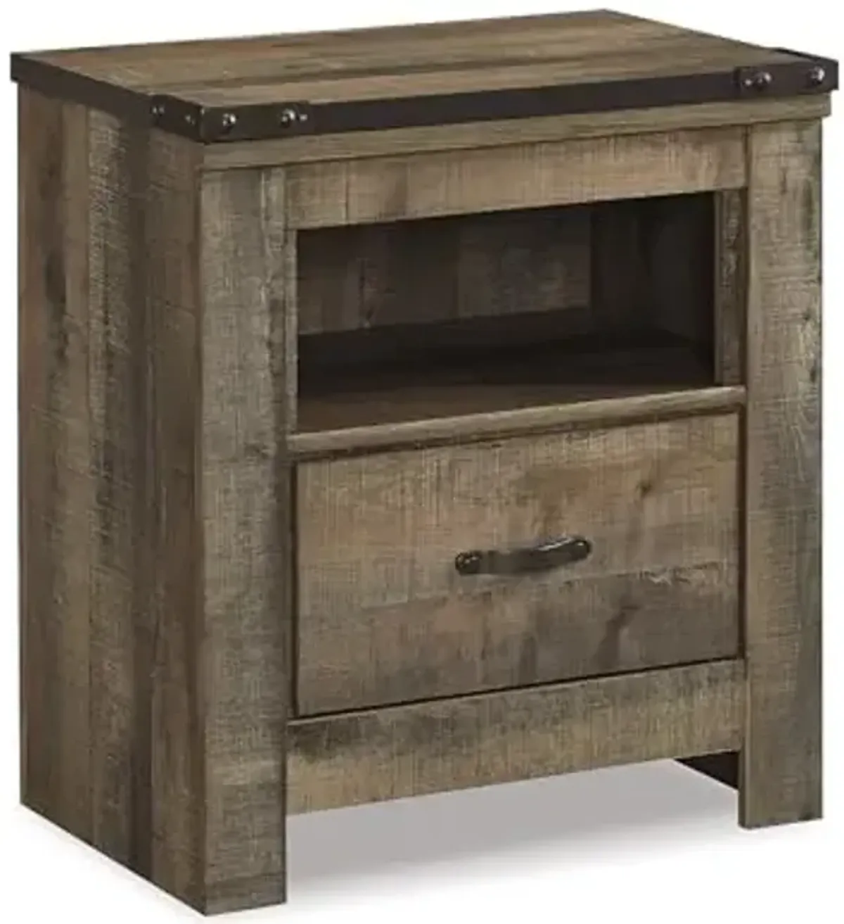 Signature Design by Ashley Trinell Rustic 1 Drawer Nightstand, USB Charing, Storage Cubby, Nailhead Accents, Wood, 24.72" W x 16.18" D x 26.22" H, Warm Brown