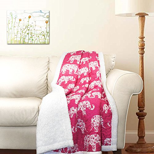 Lush Decor Pink Elephant Parade Throw Fuzzy Reversible Sherpa Blanket 60” x 50 White, 60 x 50