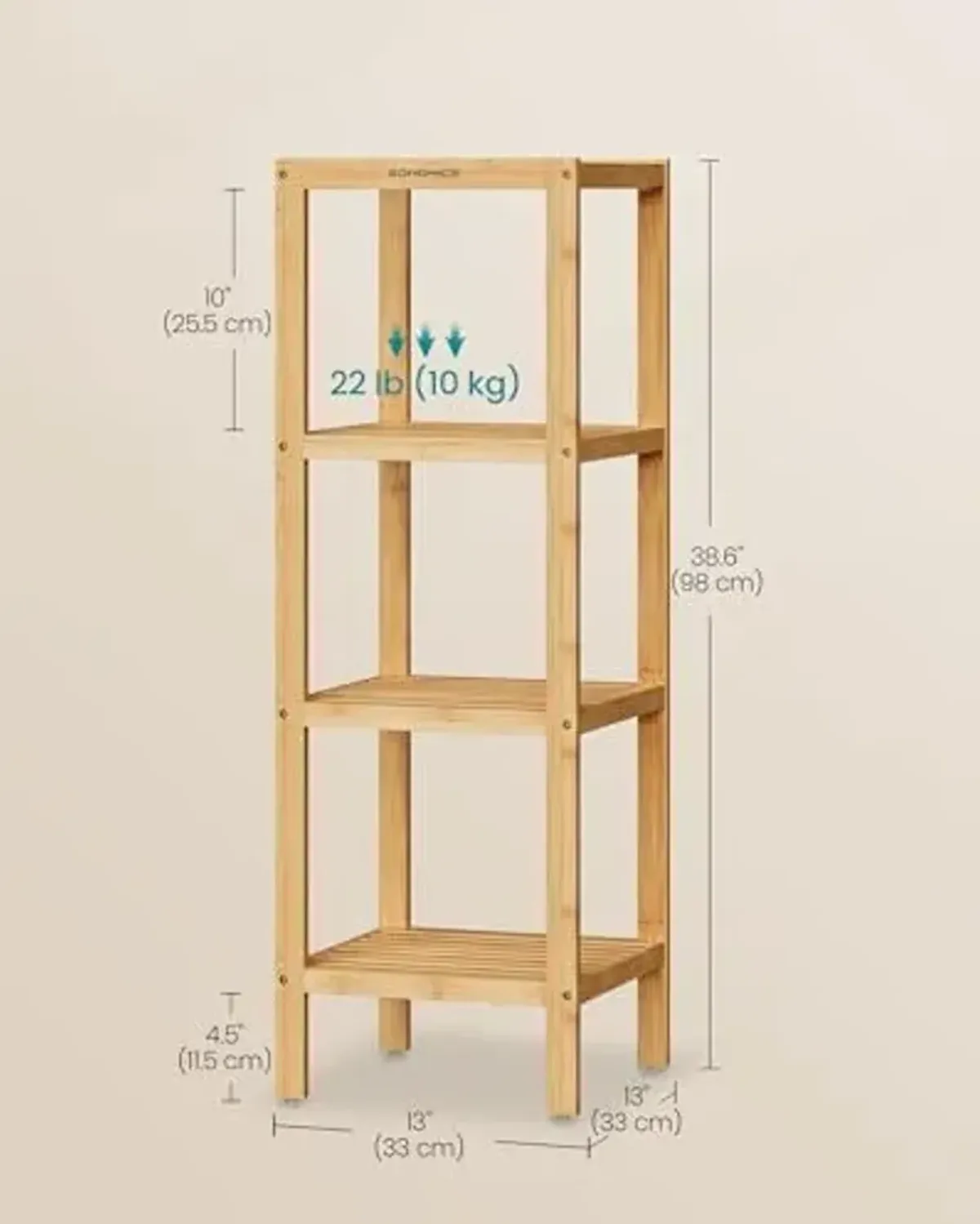 SONGMICS Bamboo Storage Shelf, 4-Tier Shelving Unit, Multifunctional, in the Entryway, Bathroom, Living Room, Balcony, Kitchen, 13 x 13 x 38.6 Inches, Light Bamboo UBCB54Y