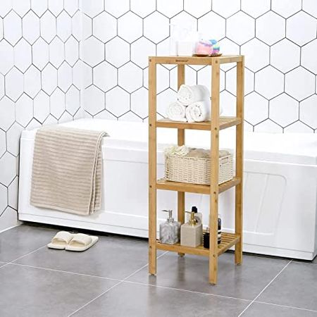 SONGMICS 4-Tier Bamboo Shelf, Narrow Bathroom Shelf, Standing Towel Rack, Corner Rack, for Kitchen, Living Room, Bedroom, Entryway, Bathroom, Natural UBCB54Y