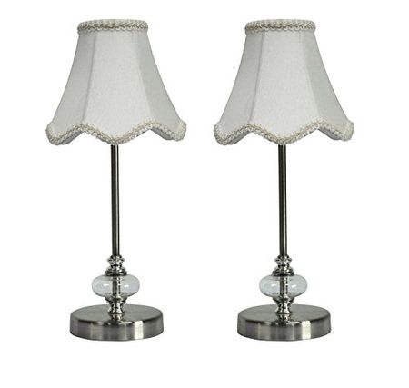 Urbanest Set of 2 Lucas Mini Accent Lamp, Brushed Nickel with Off White Scalloped Lamp Shade, 15-inch Tall