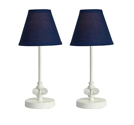 Urbanest Set of 2 Lucas Mini Accent Lamp, Brushed Nickel with Indigo Cotton Hardback Lamp Shade, 15-inch Tall
