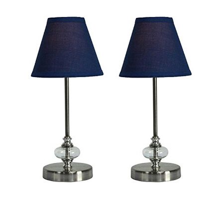 Urbanest Set of 2 Lucas Mini Accent Lamp, Matte White with Indigo Cotton Hardback Lamp Shade, 15-inch Tall