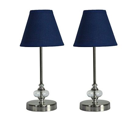 Urbanest Set of 2 Lucas Mini Accent Lamp, Matte White with Indigo Cotton Hardback Lamp Shade, 15-inch Tall
