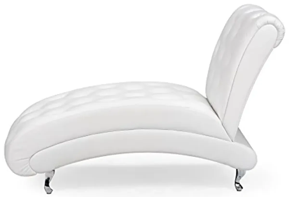 Baxton Studio Pease Contemporary Faux Leather Upholstered Crystal Button Tufted Chaise Lounge, White