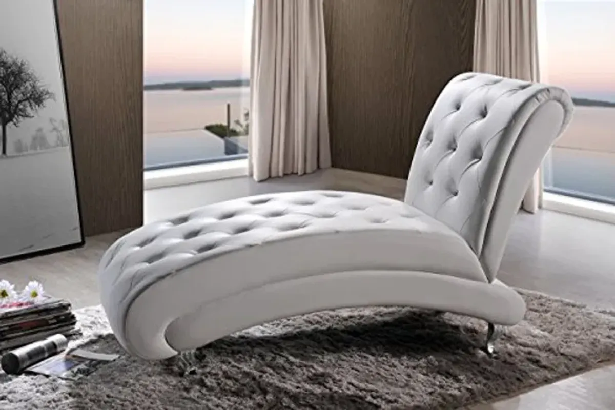 Baxton Studio Pease Contemporary Faux Leather Upholstered Crystal Button Tufted Chaise Lounge, White