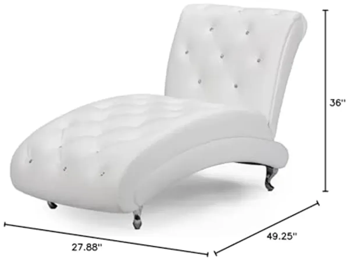 Baxton Studio Pease Contemporary Faux Leather Upholstered Crystal Button Tufted Chaise Lounge, White