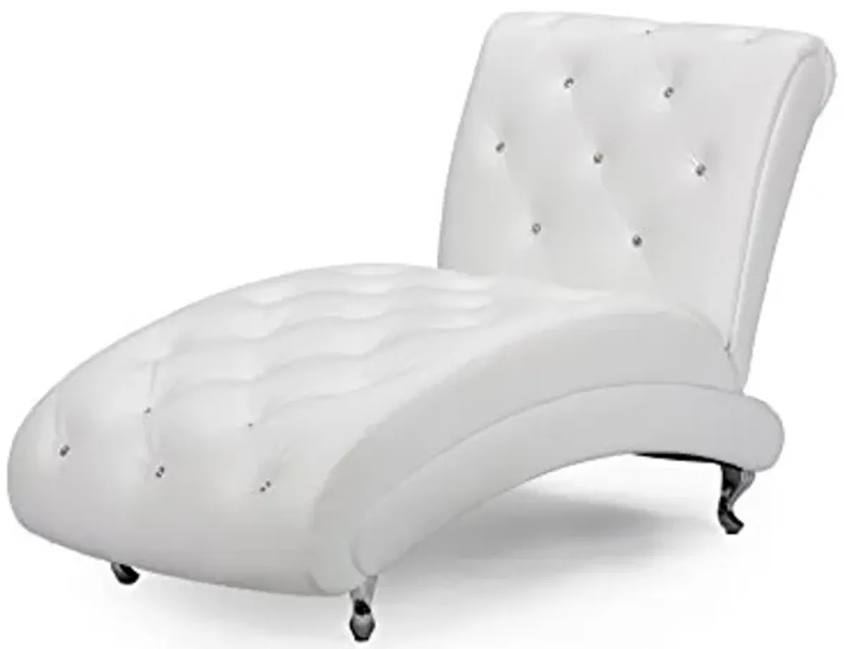 Baxton Studio Pease Contemporary Faux Leather Upholstered Crystal Button Tufted Chaise Lounge, White