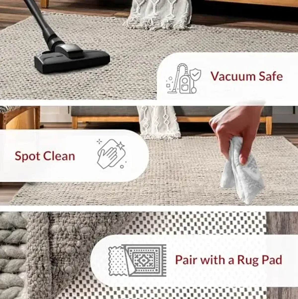 Nuloom Penelope Light Grey/Ivory, 6' x 9', Hand-Braided, Wool & Cotton, Textured and Dense, High Traffic, Stain Resistant, Easy Clean, Durable Area Rug for Bedroom, Living Room, Dining, Entryway