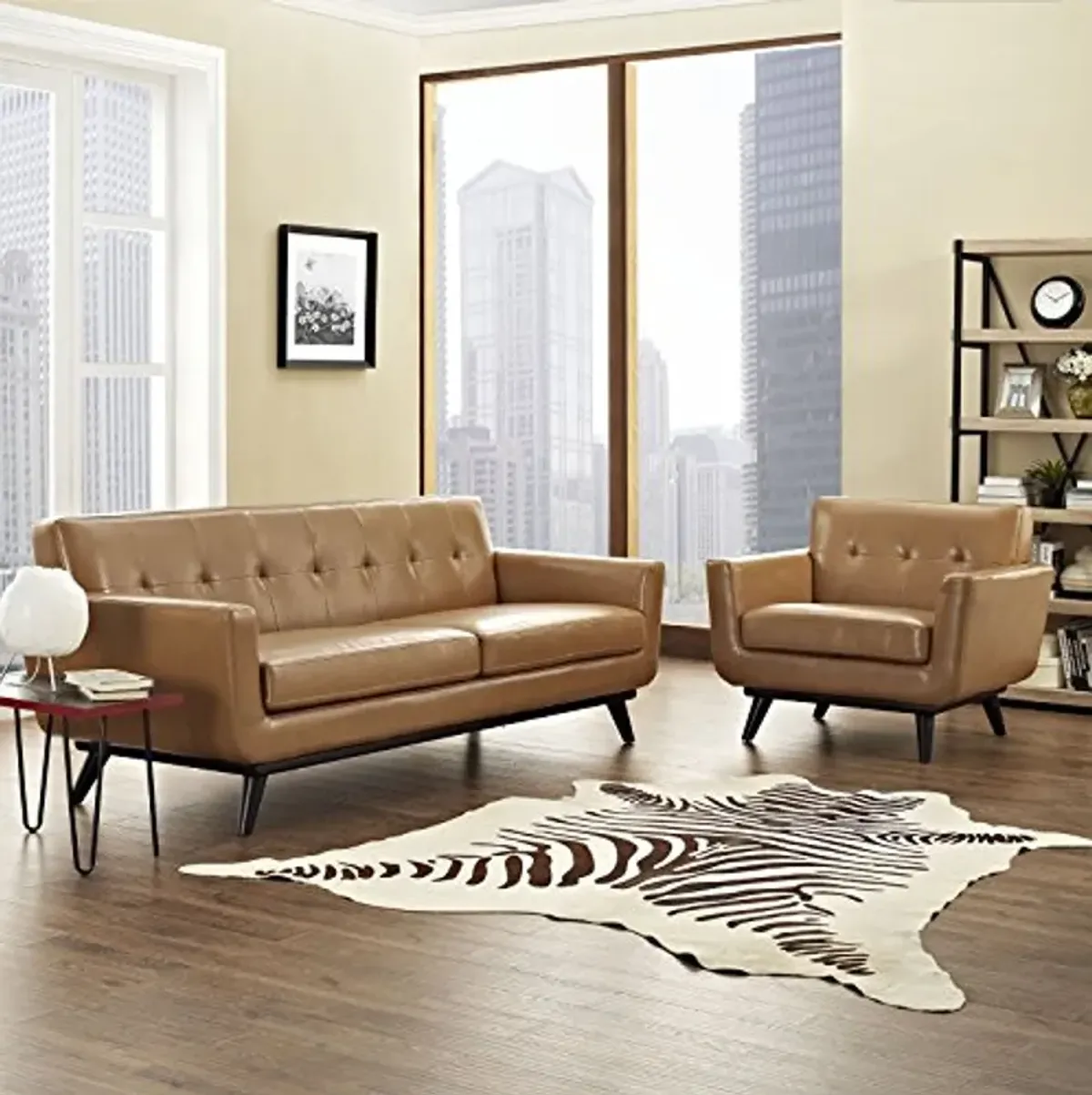 Modway Engage Mid-Century Modern Upholstered Living Room Set, Armchair and Sofa, Tan Leather