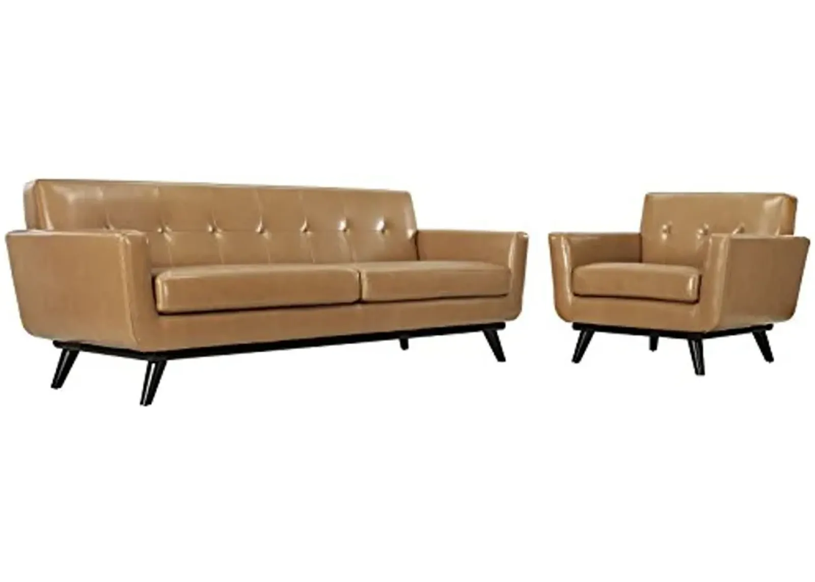 Modway Engage Mid-Century Modern Upholstered Living Room Set, Armchair and Sofa, Tan Leather