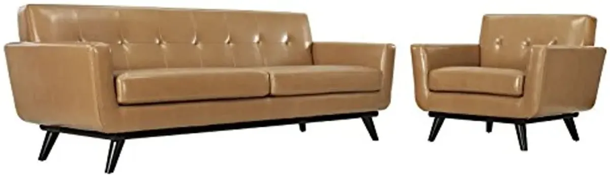 Modway Engage Mid-Century Modern Upholstered Living Room Set, Armchair and Sofa, Tan Leather