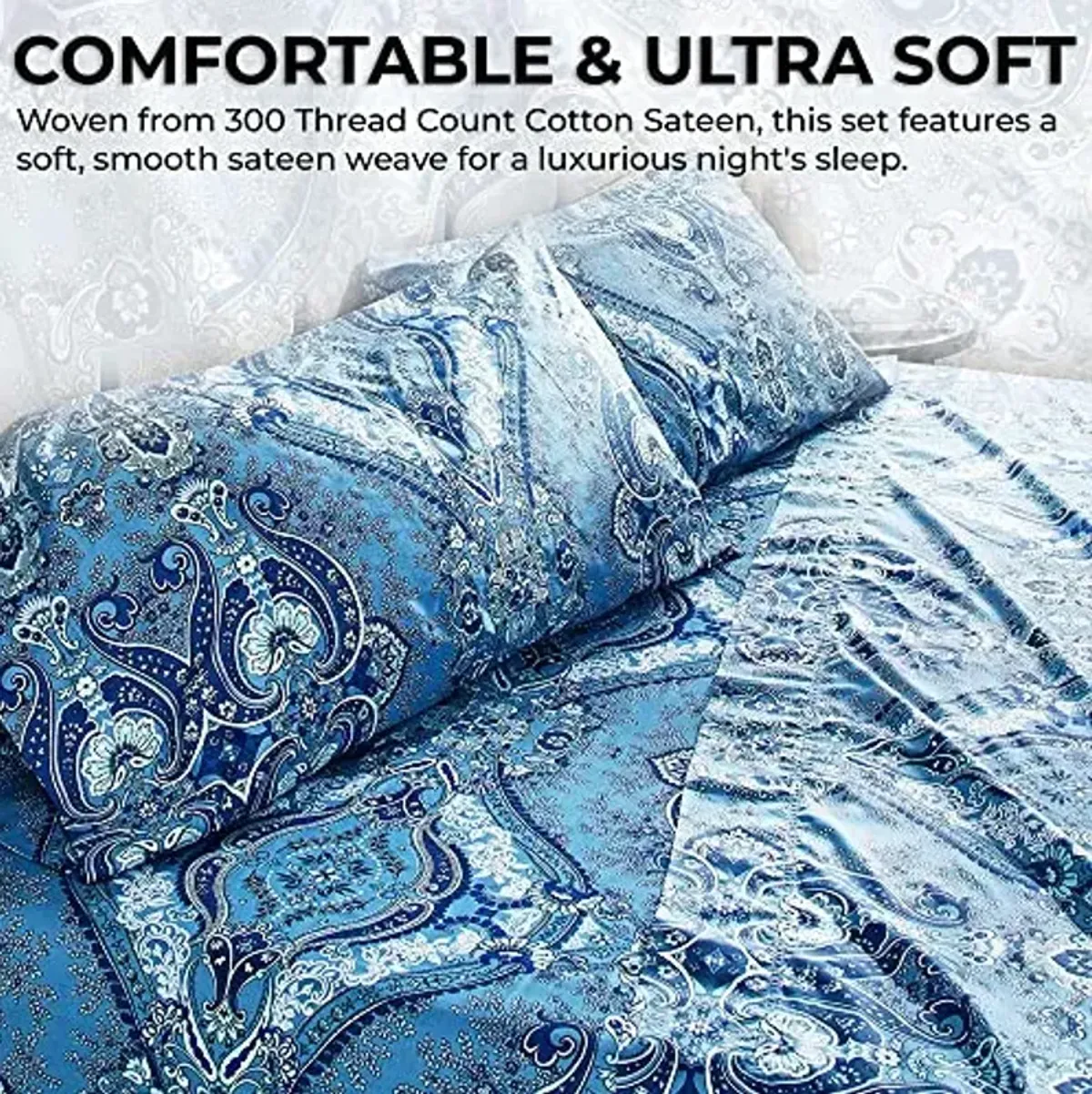 Tribeca Living King Bed Sheet Set, 300 Thread Count Soft Cotton Sateen, Floral Print with Extra Deep Pockets, 4-Piece Bedding Set, Atlantis Multicolor
