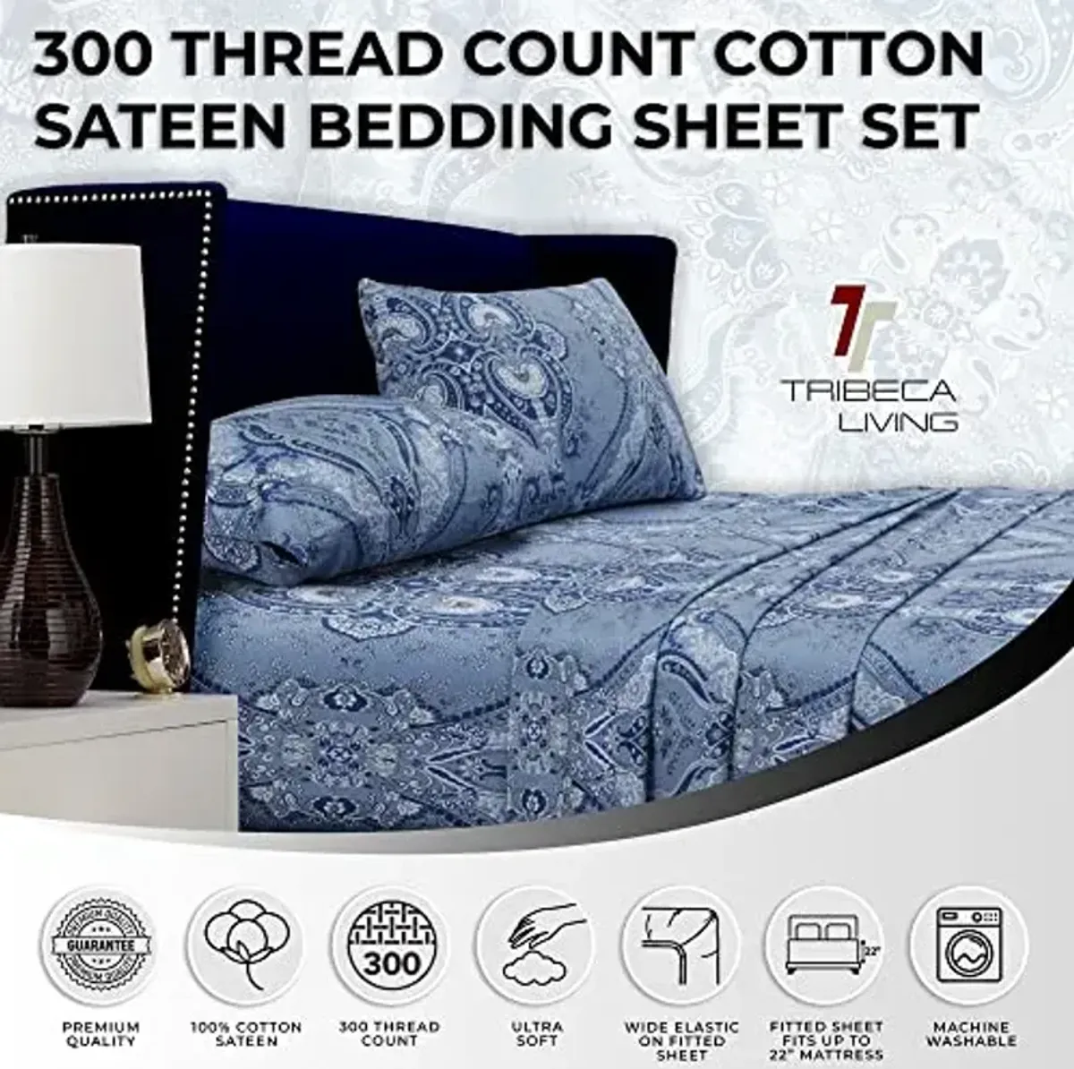 Tribeca Living King Bed Sheet Set, 300 Thread Count Soft Cotton Sateen, Floral Print with Extra Deep Pockets, 4-Piece Bedding Set, Atlantis Multicolor