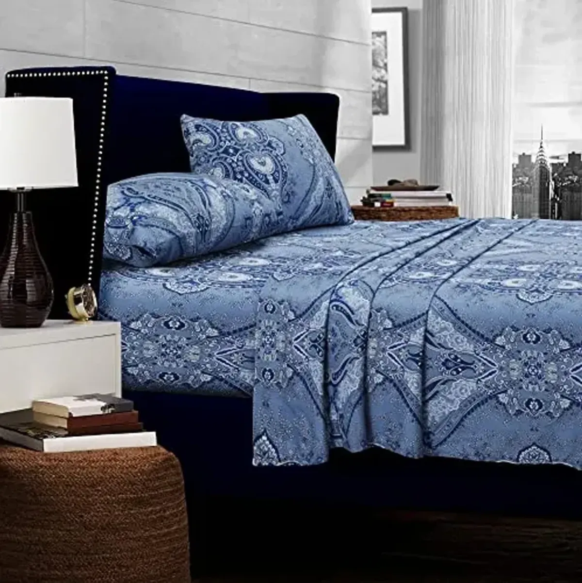 Tribeca Living King Bed Sheet Set, 300 Thread Count Soft Cotton Sateen, Floral Print with Extra Deep Pockets, 4-Piece Bedding Set, Atlantis Multicolor