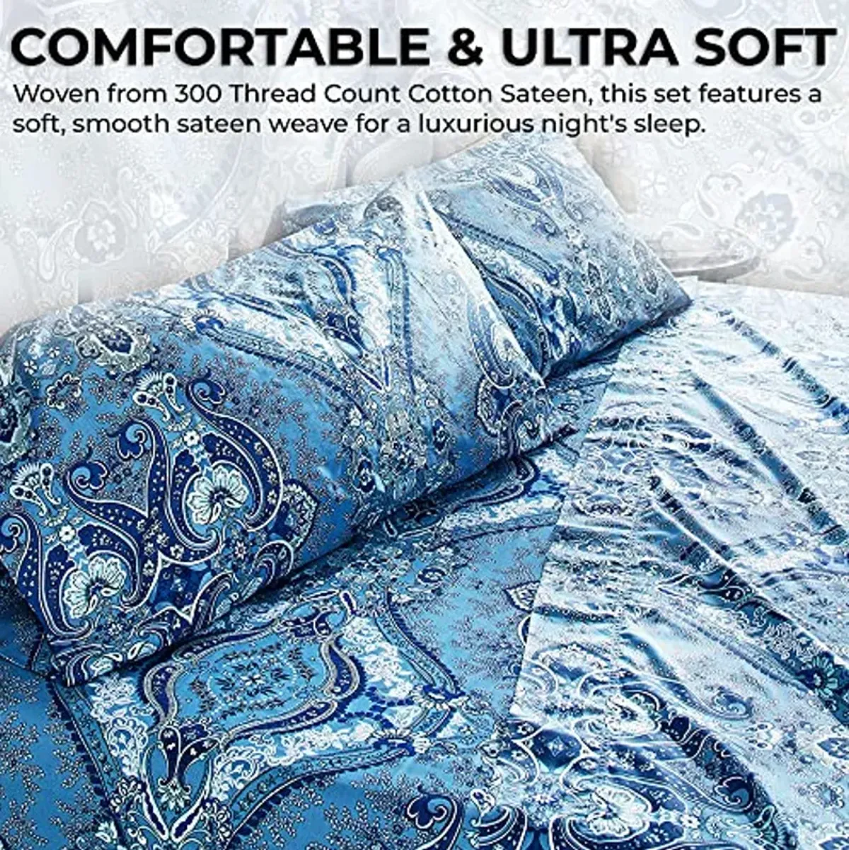 Tribeca Living Queen Bed Sheet Set, 300 Thread Count Soft Cotton Sateen, Floral Print with Extra Deep Pockets, 4-Piece Bedding Set, Atlantis Multicolor