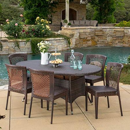 Christopher Knight Home Lennox Outdoor Wicker Round Dining Set, 7-Pcs Set, Multibrown