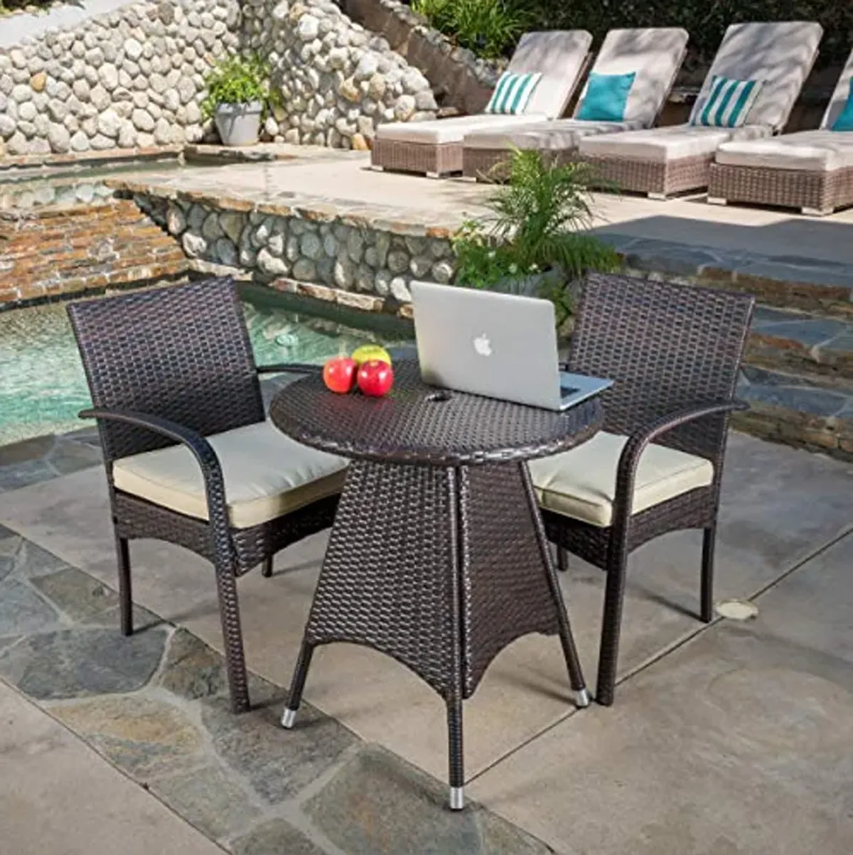 Christopher Knight Home Peterson Outdoor Wicker Bistro Set with Cushions, 3-Pcs Set, Multibrown