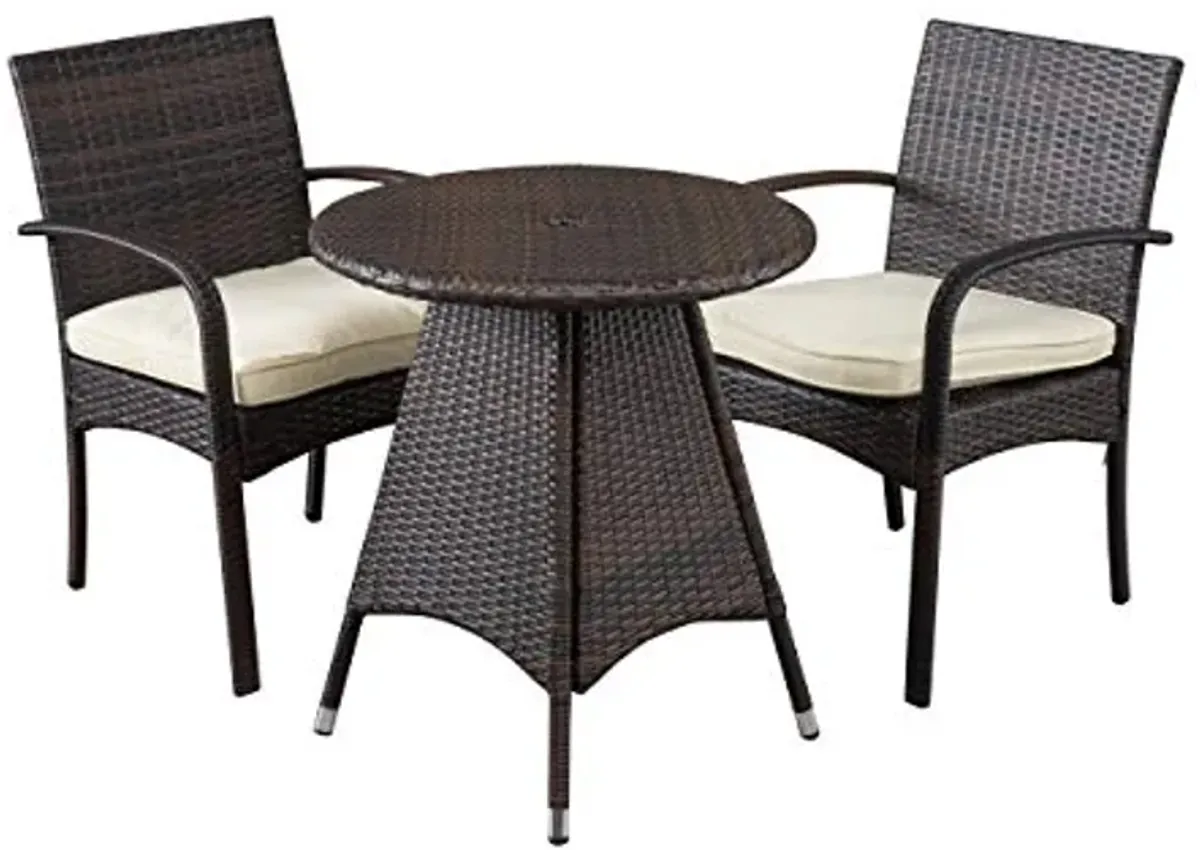 Christopher Knight Home Peterson Outdoor Wicker Bistro Set with Cushions, 3-Pcs Set, Multibrown