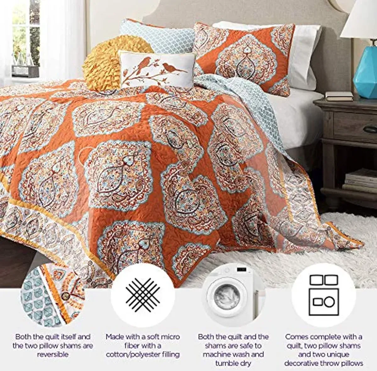 Lush Décor Lush Decor 5 Piece Harley Quilt Set, Full/Queen, Tangerine