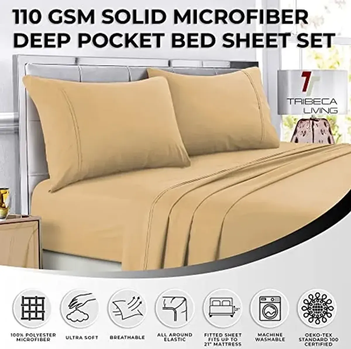 Tribeca Living 110-GSM Extra Deep Pocket Sheets – 4 PC Super Soft, Cooling, Durable, Fade and Wrinkle Resistant Brushed Microfiber, Elasticized Fitted Sheet with Wide Elastic, Cal King Cashmere