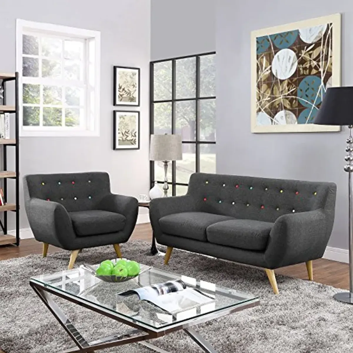 Modway Remark Mid-Century Modern Upholstered Fabric Living Room Set, Armchair and Loveseat, Gray