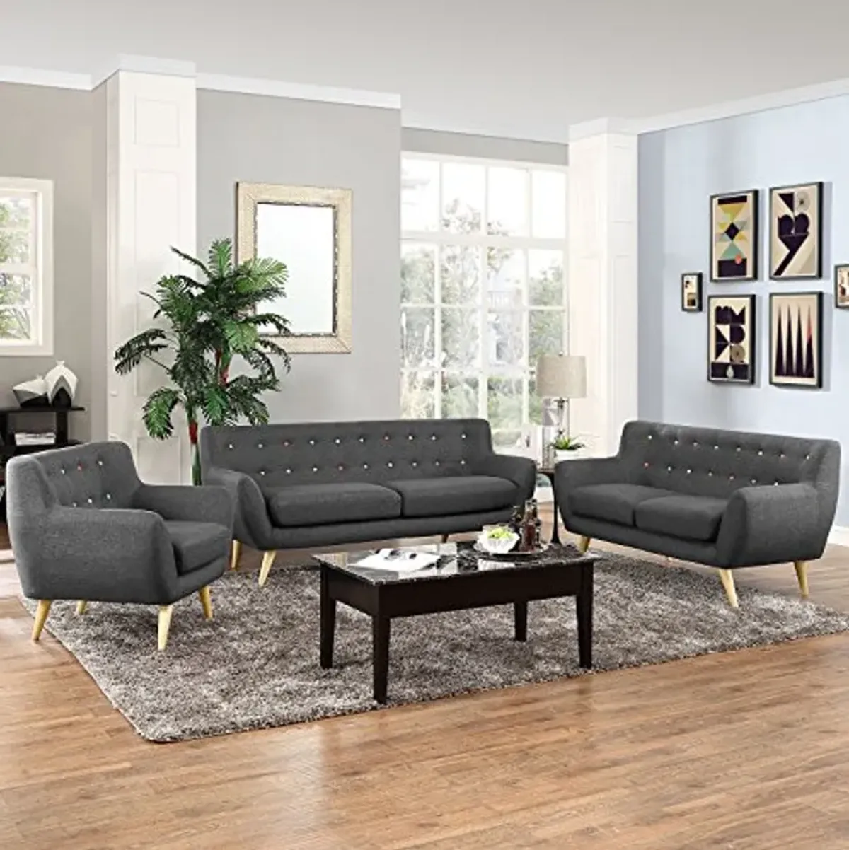 Modway Remark Mid-Century Modern Upholstered Fabric Living Room Set, Armchair/Loveseat/Sofa, Gray