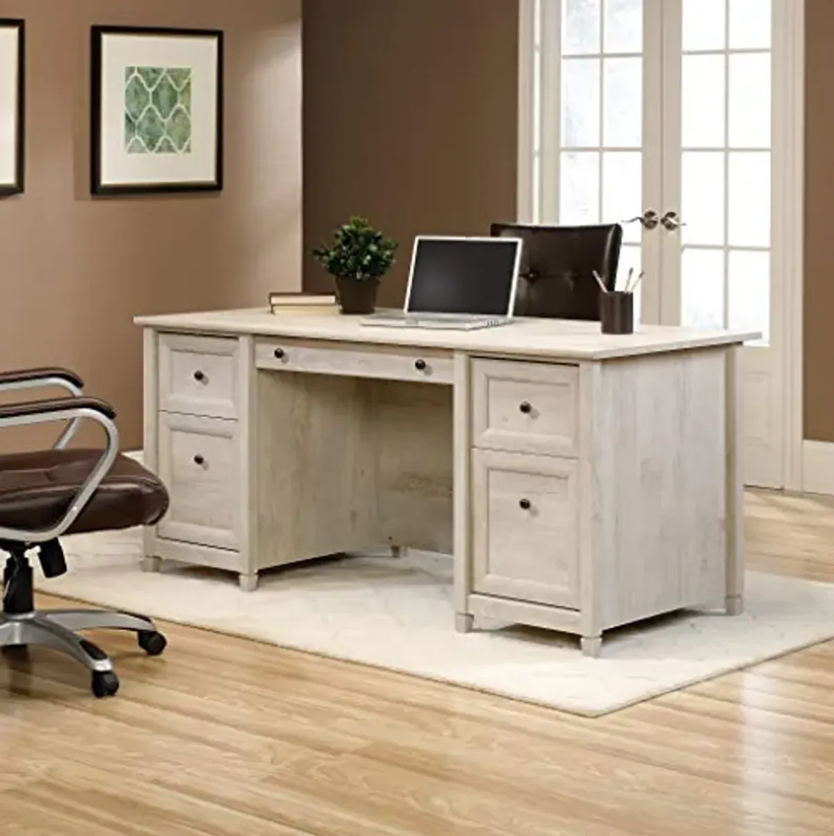 Sauder Edge Water Office Desk with Drawers, Executive Desk with File Drawer Storage, in Chalked Chestnut