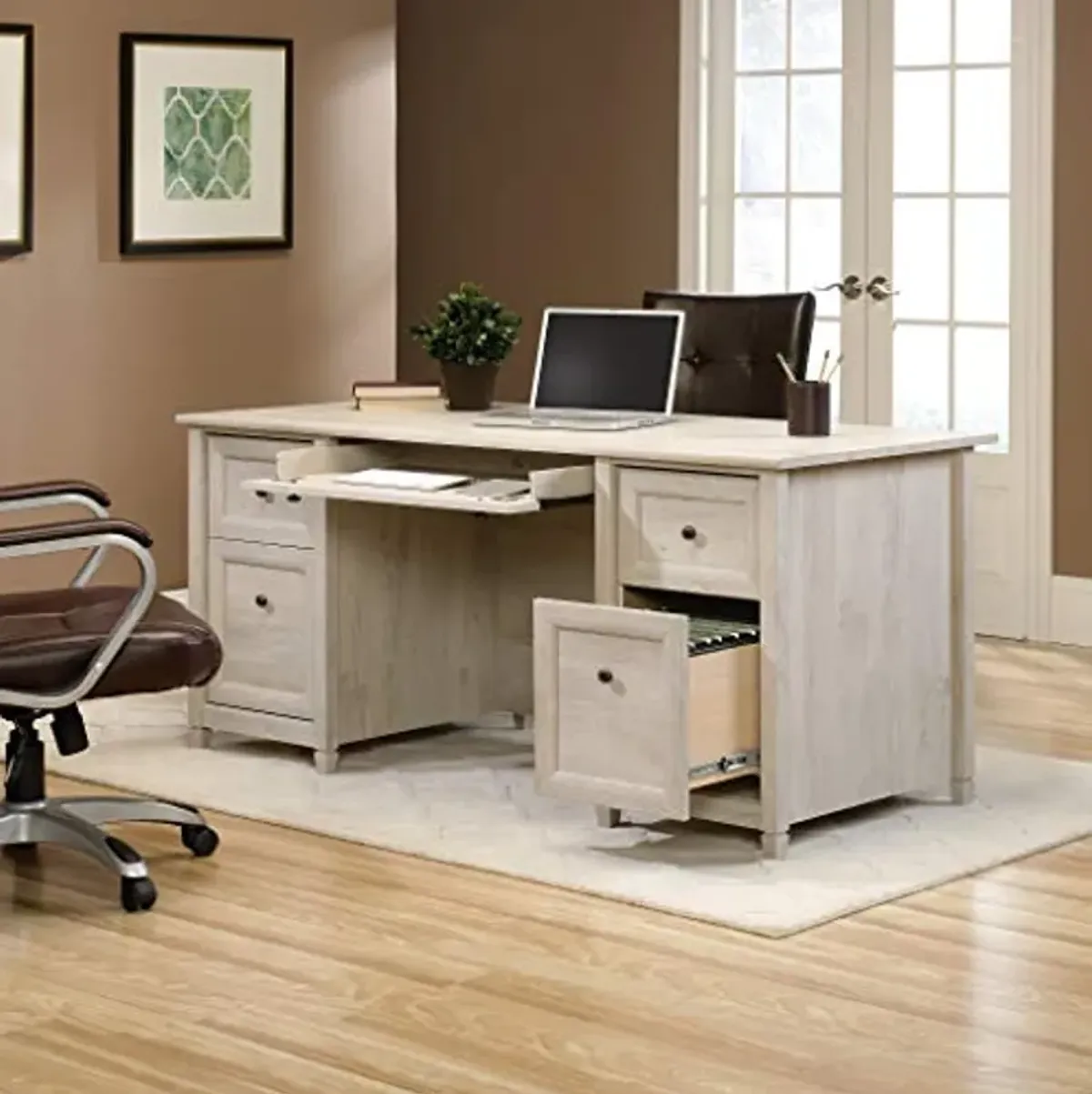 Sauder Edge Water Office Desk with Drawers, Executive Desk with File Drawer Storage, in Chalked Chestnut