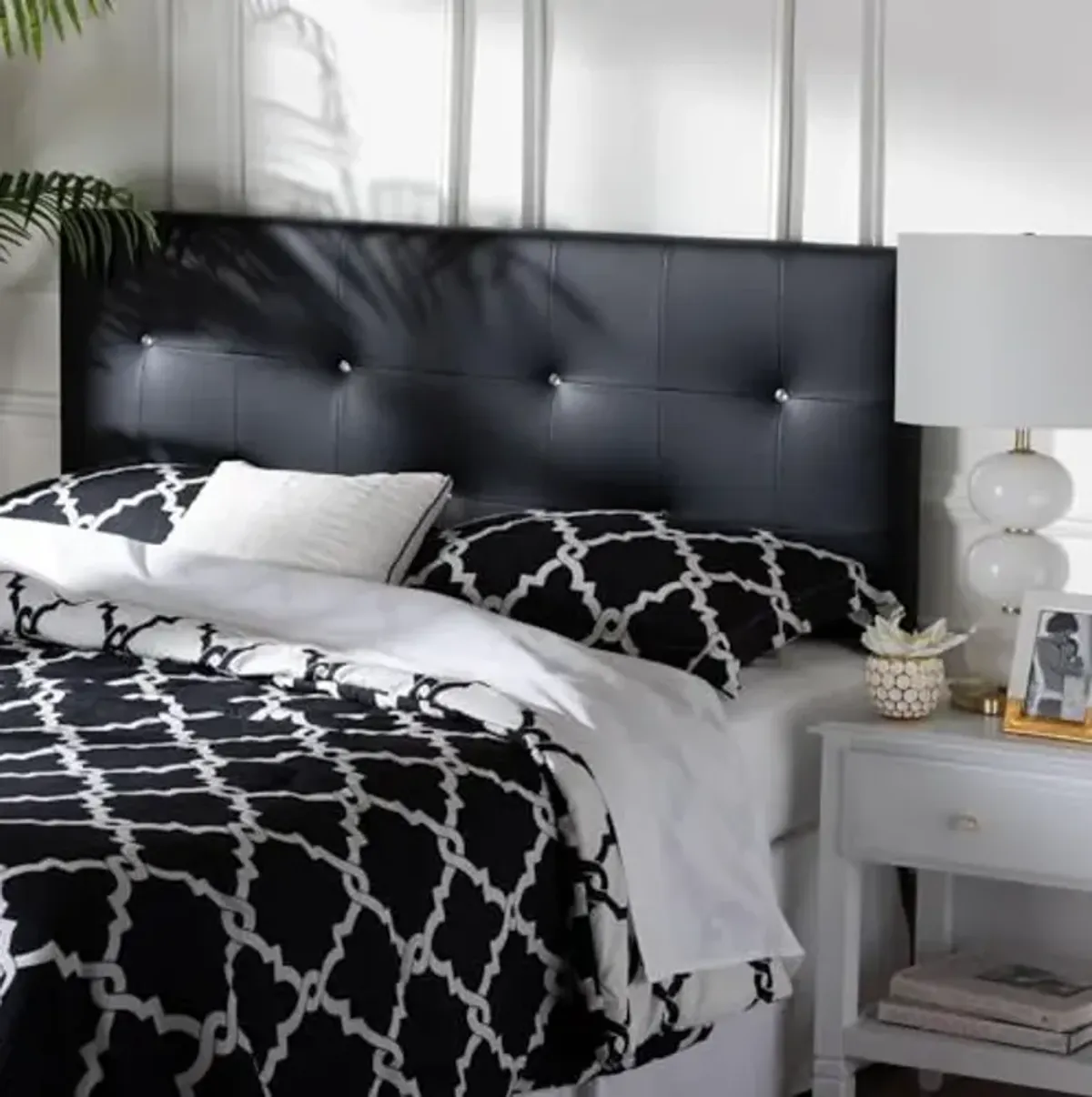 Baxton Studio Dalini Modern and Contemporary King Black Faux Leather Headboard with Faux Crystal Buttons