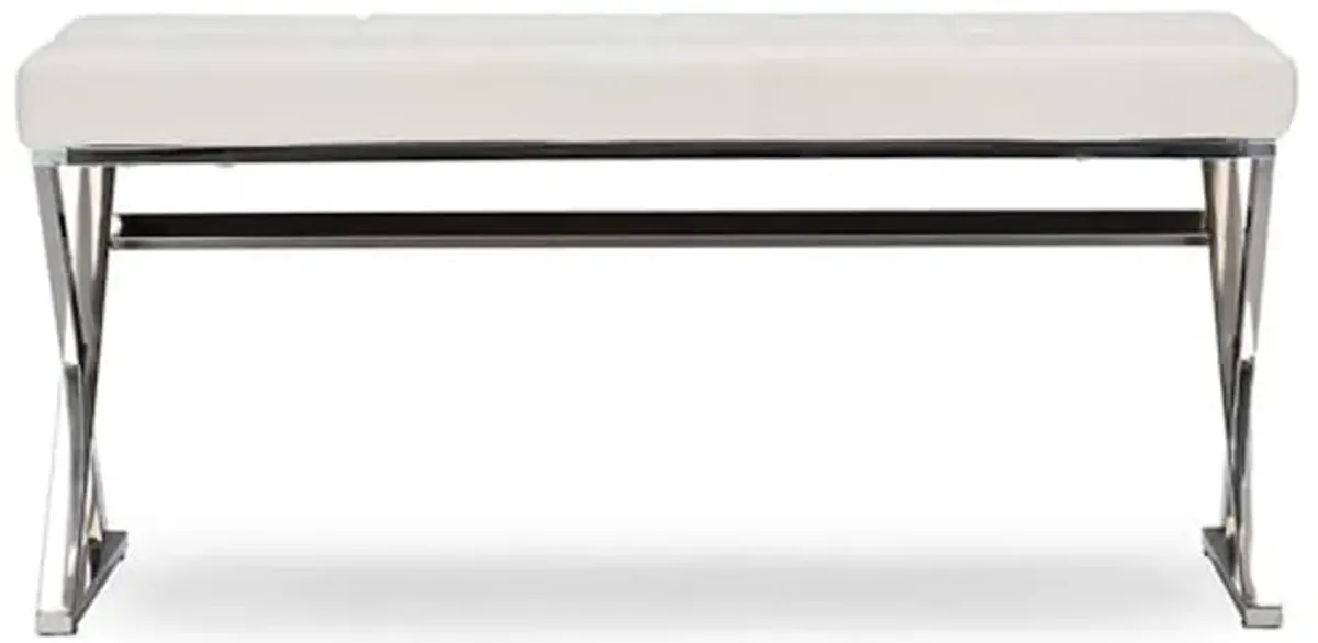 Baxton Studio Wholesale Interiors Herald Modern and Contemporary Faux Leather Upholstered Rectangle Bench, Stainless Steel and White