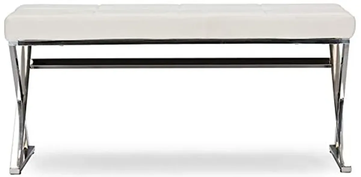 Baxton Studio Wholesale Interiors Herald Modern and Contemporary Faux Leather Upholstered Rectangle Bench, Stainless Steel and White