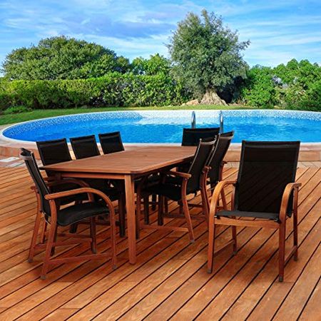 International Home Miami Amazonia Bahamas 9 Piece Eucalyptus Rectangular Dining Set with Black Sling Chair