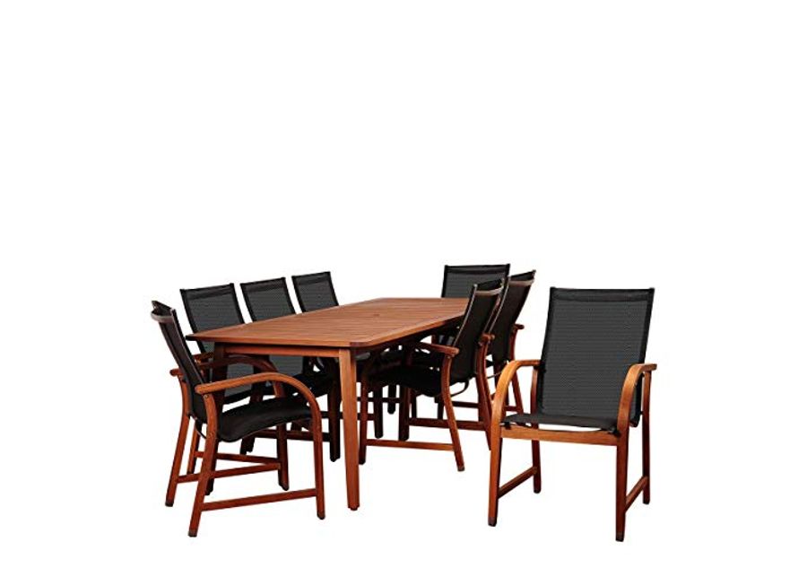 International Home Miami Amazonia Bahamas 9 Piece Eucalyptus Rectangular Dining Set with Black Sling Chair