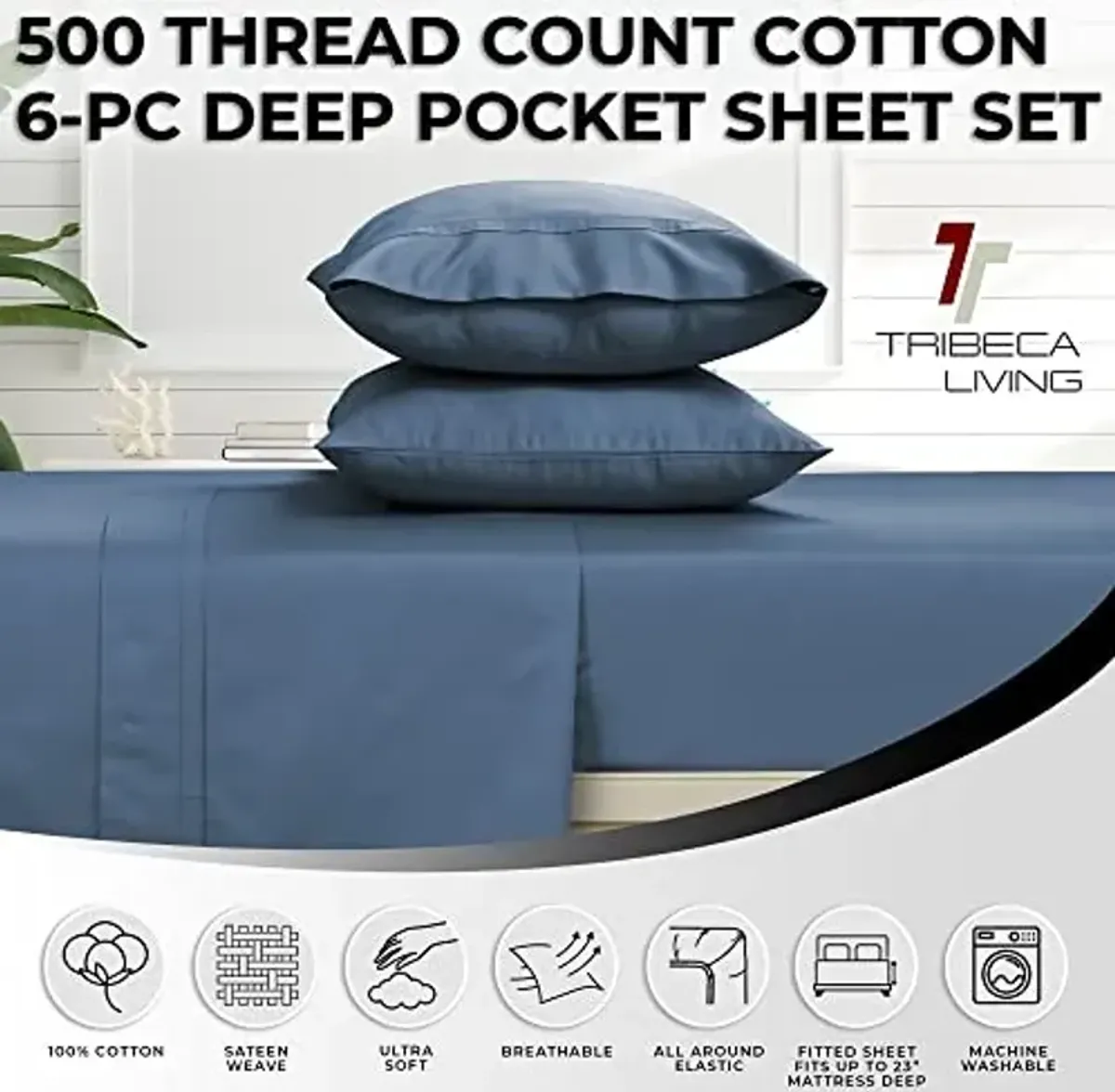 Tribeca Living California King Bed Sheet Set, Soft Egyptian Cotton Sateen Solid Sheets and Pillowcase Set, Deep Pocket, 500 Thread Count, 6-Piece Luxury Bedding, Midnight Blue