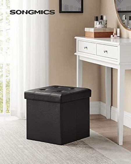 SONGMICS 15 Inches Folding Storage Ottoman, Cube Footrest, Puppy Step, Coffee Table with Hole Handles, Max. Static Load 660 lb, Faux Leather, Black ULSF30B
