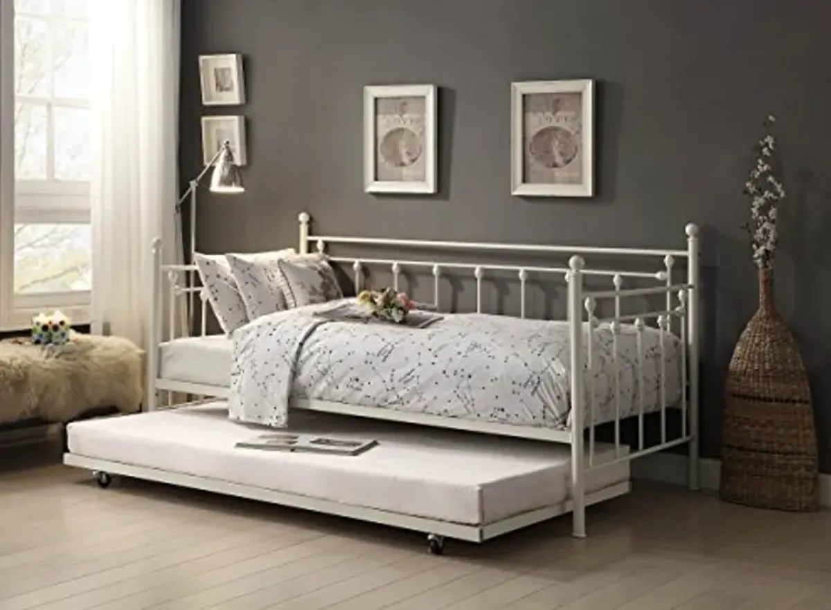 Homelegance Four Posts Elegant Metal Frame Daybed with Trundle Powder, Coated White Finish