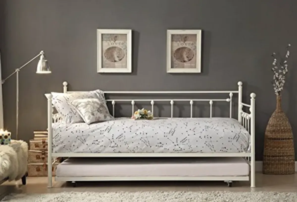 Homelegance Four Posts Elegant Metal Frame Daybed with Trundle Powder, Coated White Finish