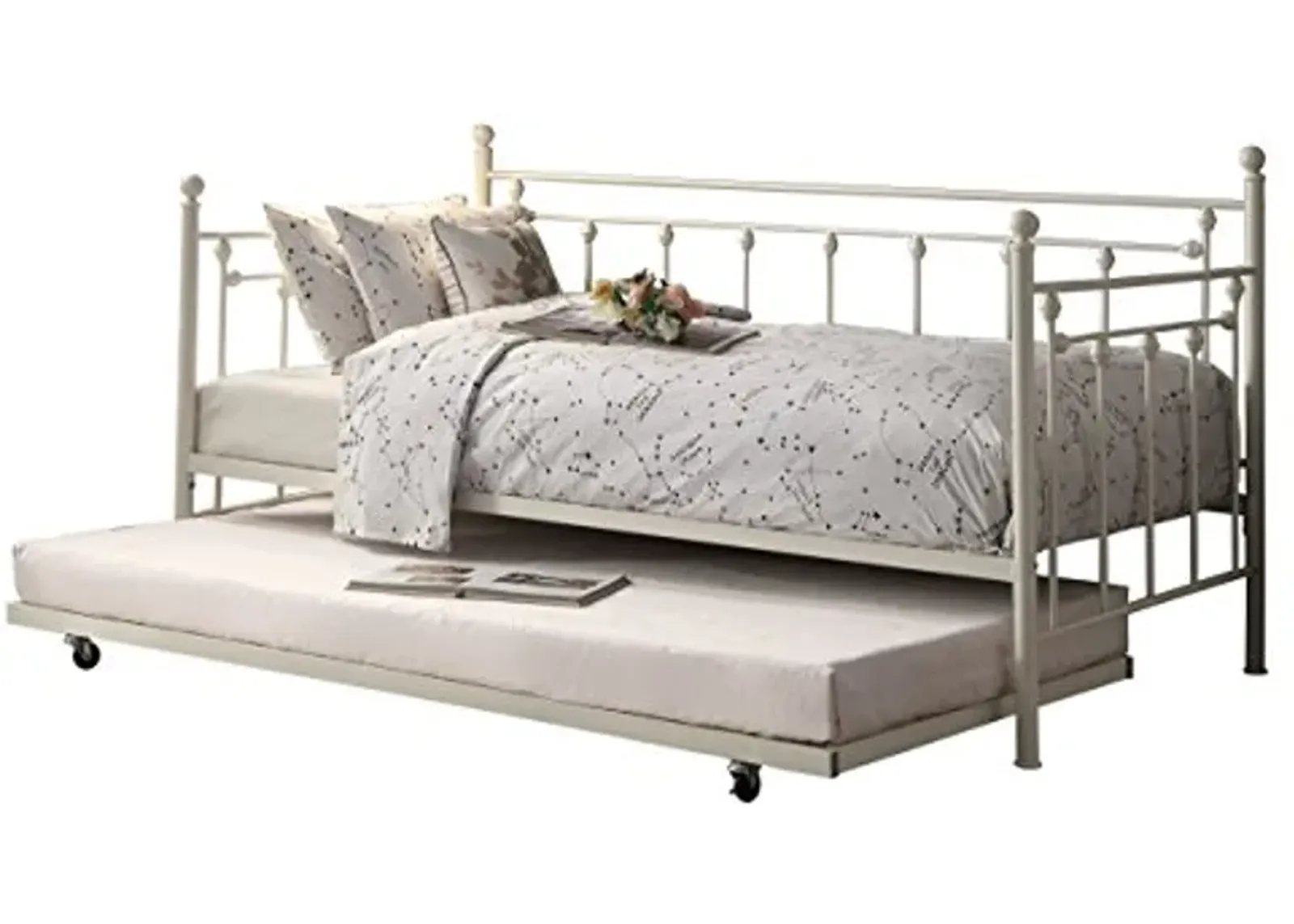 Homelegance Four Posts Elegant Metal Frame Daybed with Trundle Powder, Coated White Finish