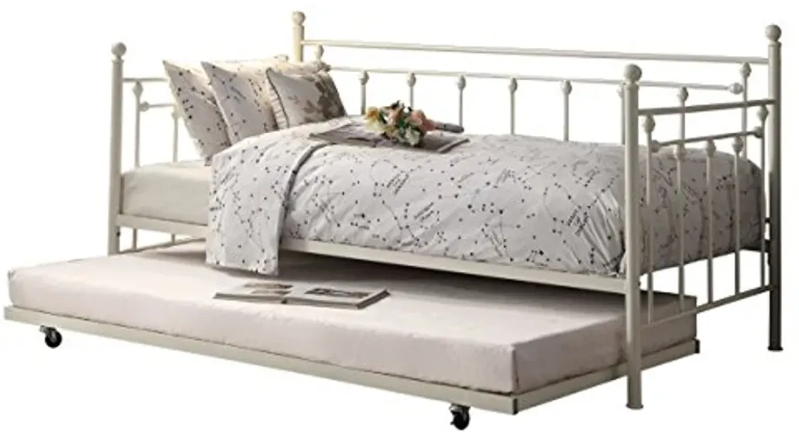 Homelegance Four Posts Elegant Metal Frame Daybed with Trundle Powder, Coated White Finish