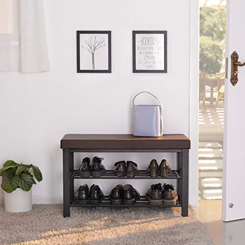 SONGMICS Shoe Bench, 3-Tier Shoe Rack for Entryway, Storage Organizer with Foam Padded Seat, Faux Leather, Metal Frame, for Living Room, Hallway, 12.2 x 31.9 x 19.3 Inches, Brown ULBS58Z