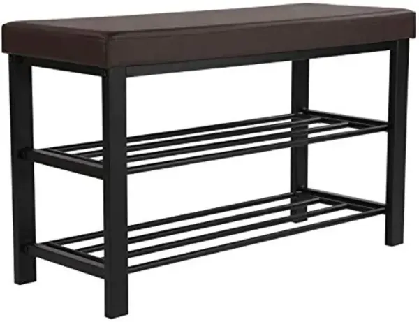 SONGMICS Shoe Bench, 3-Tier Shoe Rack for Entryway, Storage Organizer with Foam Padded Seat, Faux Leather, Metal Frame, for Living Room, Hallway, 12.2 x 31.9 x 19.3 Inches, Brown ULBS58Z