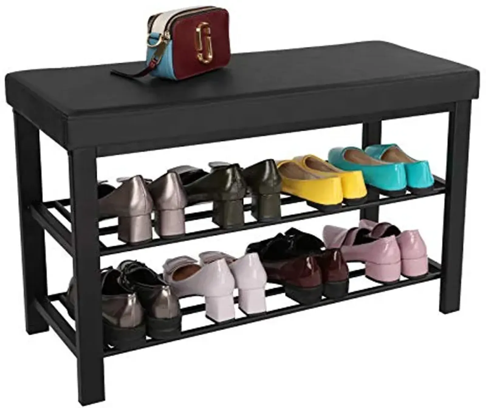 SONGMICS Shoe Bench, 3-Tier Shoe Rack for Entryway, Storage Organizer with Foam Padded Seat, Faux Leather, Metal Frame, for Living Room, Hallway, 12.2 x 31.9 x 19.3 Inches, Black ULBS58H