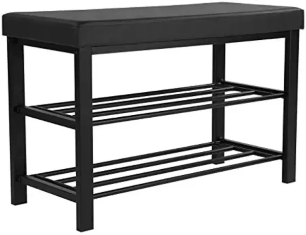 SONGMICS Shoe Bench, 3-Tier Shoe Rack for Entryway, Storage Organizer with Foam Padded Seat, Faux Leather, Metal Frame, for Living Room, Hallway, 12.2 x 31.9 x 19.3 Inches, Black ULBS58H