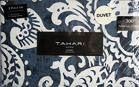 Tahari 3 Piece Full Queen Size Cotton Duvet Cover Set Cream Ivory Scroll Pattern Medallions Birds on Blue