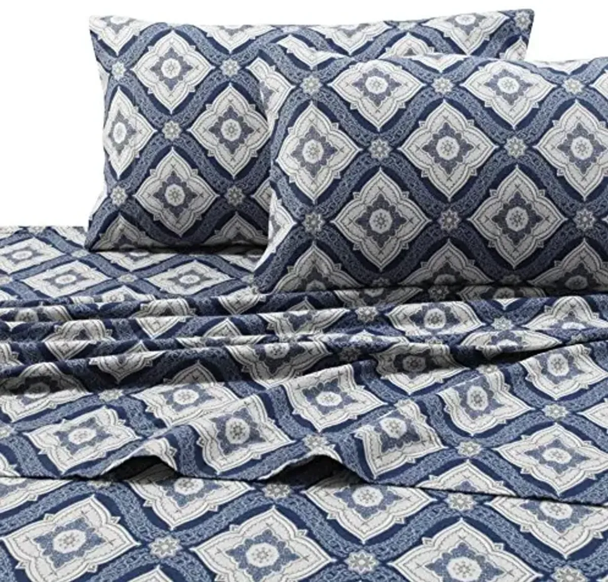 Tribeca Living Flannel Sheets Cal King Size - 100% Cotton Flannel Sheet Set, 200 GSM Deep Pocket Cal King Flannel Sheets, 4 Piece Ultra Soft Brushed Cotton Flannel Sheet in Damask Dark Blue Print