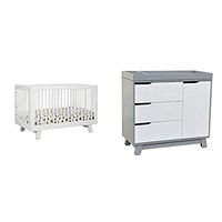 babyletto Hudson 3-in-1 Convertible Crib with Toddler Rail, White and Hudson Changer Dresser, Grey/White