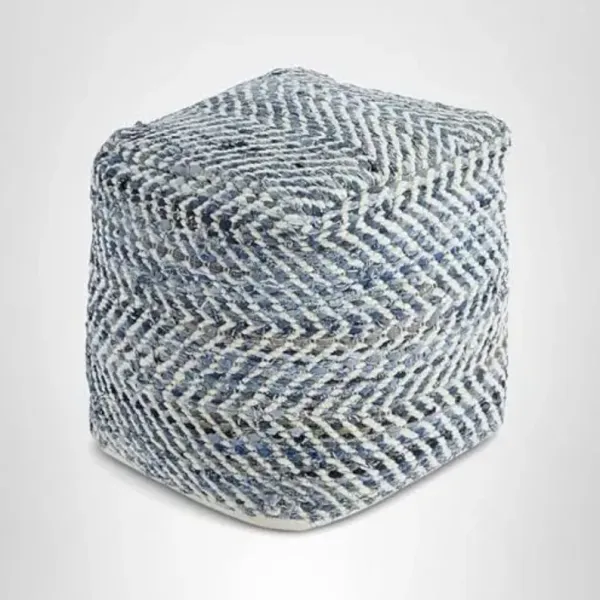 Signature Design by Ashley Chevron Handmade Woven Pouf 18 x 18, Blue and White