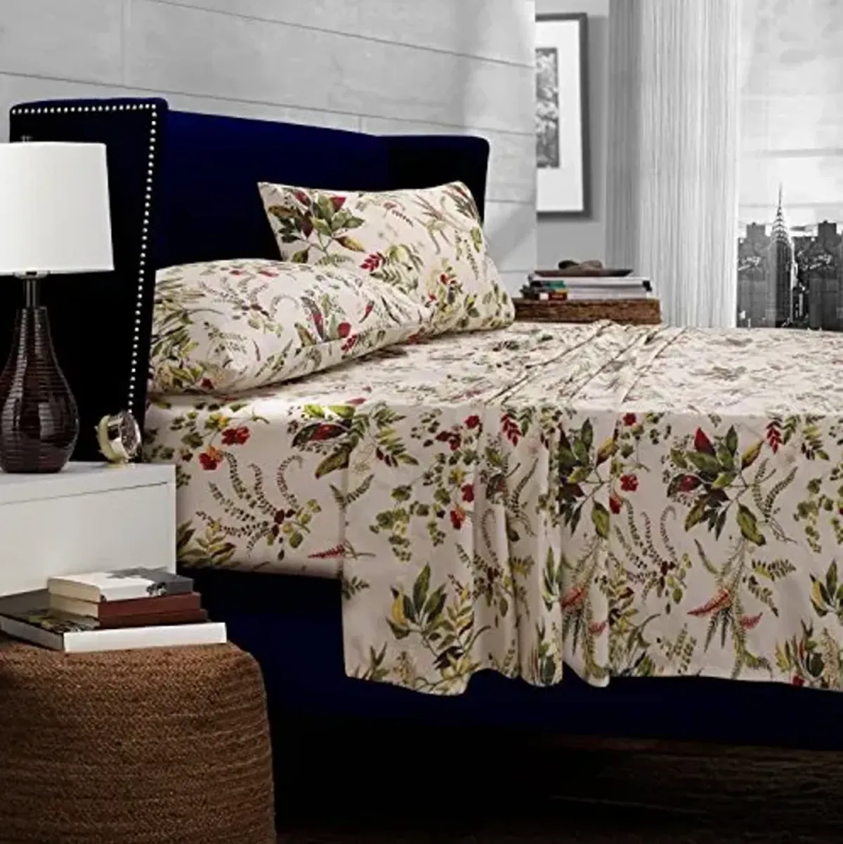 Tribeca Living Cotton Percale California King Size Bed Sheet Set, 300 Thread Count, Extra Deep Pockets, Multicolor