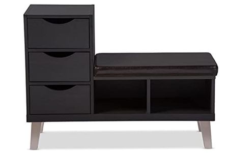 Baxton Studio Arielle Modern Contemporary Wood 3 Drawer Shoe Storage Padded Leatherette Seating Bench with Two Open Shelves, Dark Brown